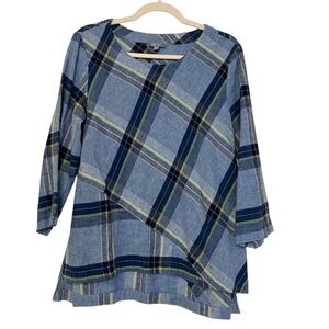 Habitat Linen Cotton Plaid Blouse Green Blue Small Lagenlook Coastal Art to Wear